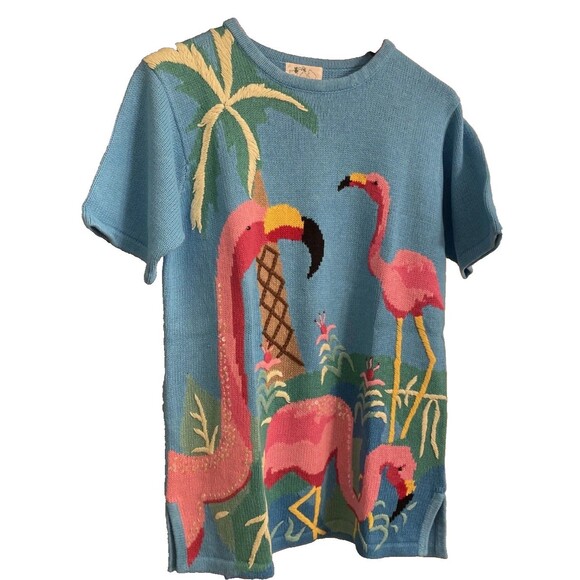 Quacker Factory Pink Flamingo Palm Tree Beach Sweater Sz Small Vacation Cruise - Picture 8 of 9